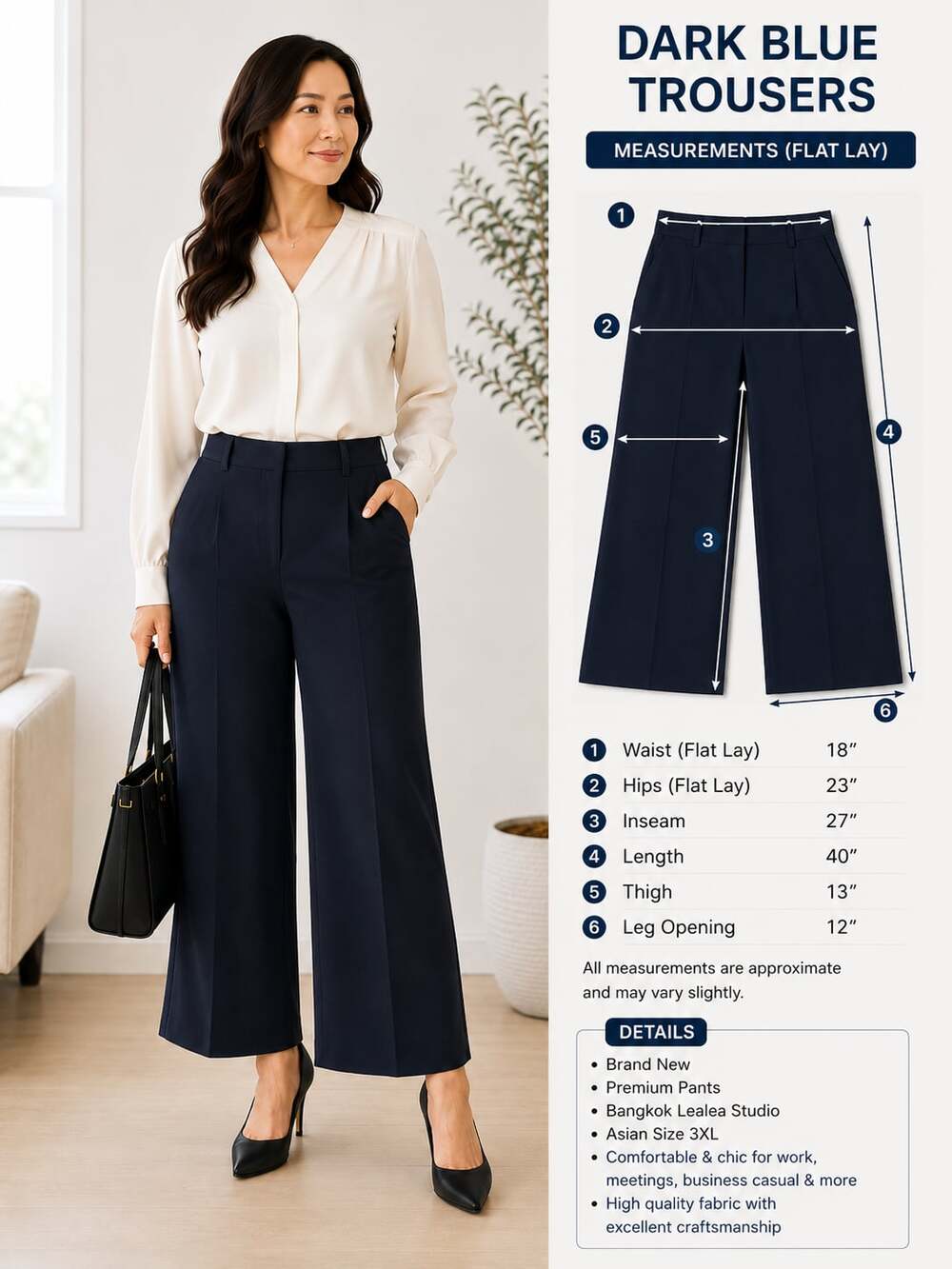 New Lealea Studio Dark Blue High-Waisted Wide-Leg Dress Trousers